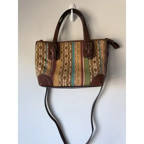 Fossil Striped Canvas Handbag Leather Trim Handles Shoulder Strap 9x7”​ - Picture 2 of 12